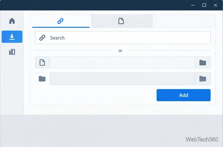 Un dialog de adăugare-descărcare cu un câmp de link magnetic, un selector de fișiere torrent, un folder de destinație și un buton Adăugare