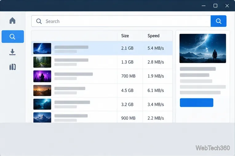 O machetă a rezultatelor căutării torrent cu coloane pentru dimensiunea fișierului și viteză lângă un panou cu detalii