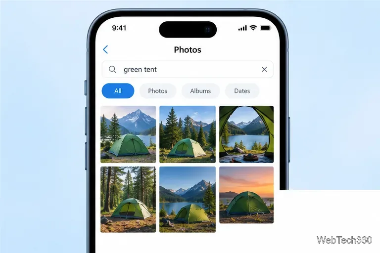 Tela de celular no estilo OneDrive no app Fotos com a frase de busca "tenda verde" e resultados de fotos de acampamento.