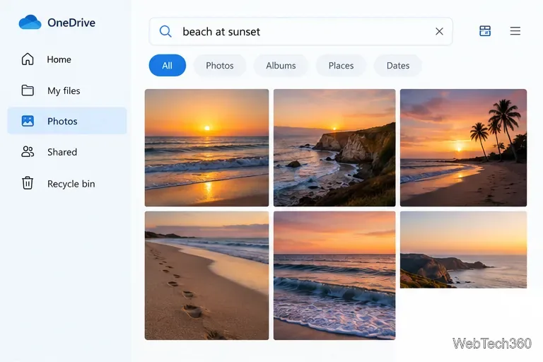 Página de fotos no estilo OneDrive com uma busca por "praia ao pôr do sol" e uma grade de imagens de praia correspondentes.