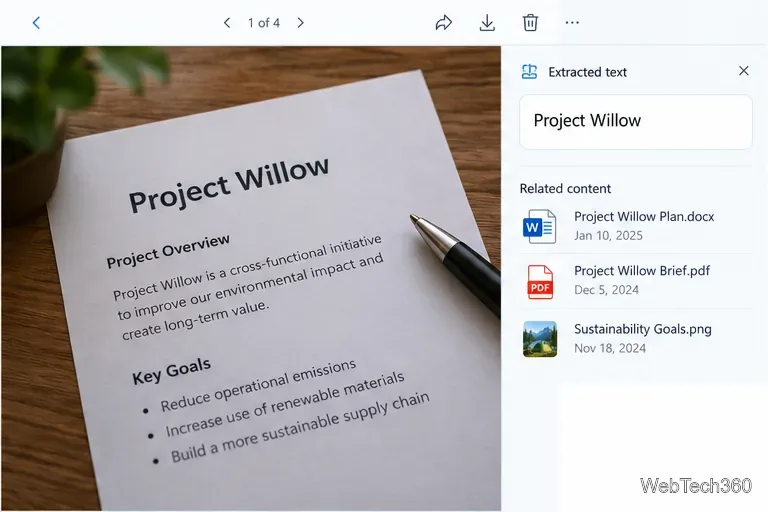 Foto de uma página impressa do Project Willow ao lado de um painel de detalhes no estilo OneDrive, mostrando o texto extraído.
