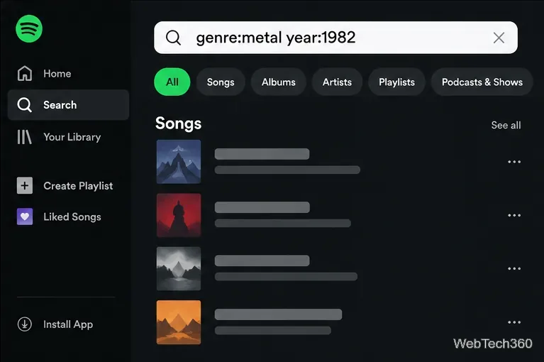 Résultats de recherche de type Spotify affichant la requête combinée genre:metal année:1982