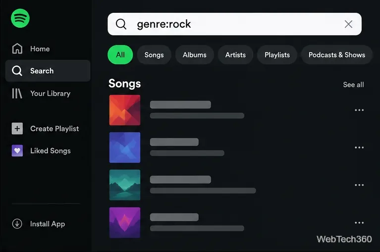 Page de résultats de type Spotify avec le genre « rock » dans la barre de recherche et les résultats des chansons en dessous.
