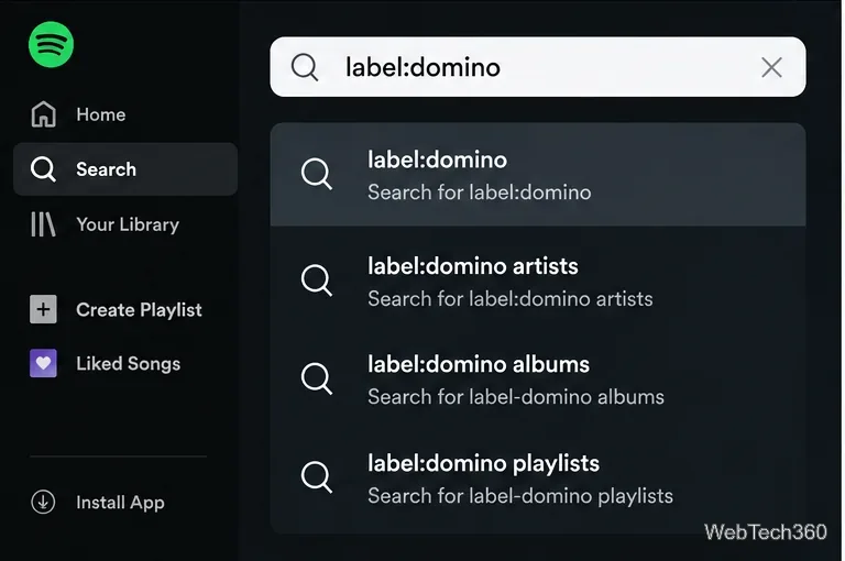 Champ de recherche de bureau de type Spotify affichant label:domino comme une recherche de label discographique