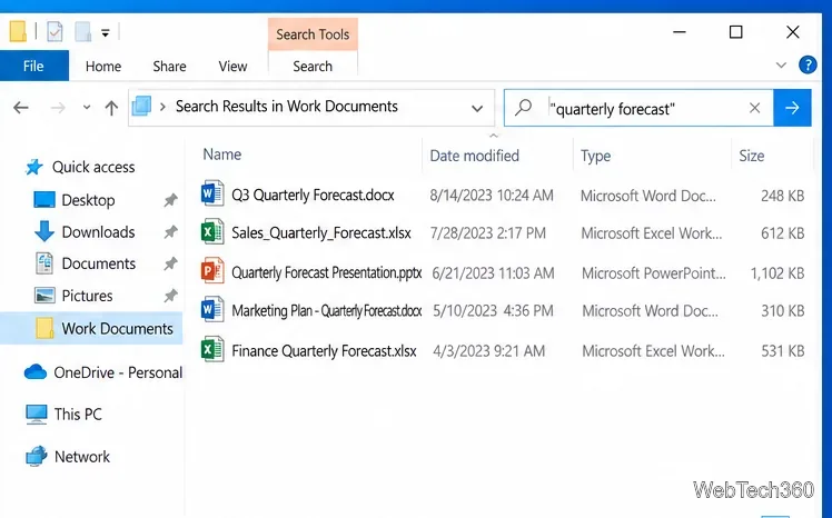 Результаты поиска в Проводнике Windows 10, отображающие файлы Word, Excel и PowerPoint, соответствующие квартальному прогнозу.