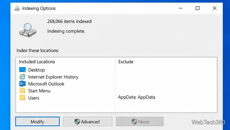 Окно «Параметры индексирования» в Windows 10, отображающее включенные места поиска и кнопку «Дополнительно».