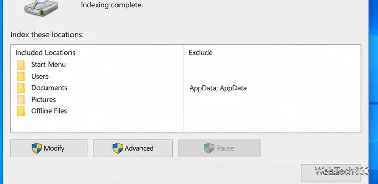 Windows 10 Indexing Options dialog showing included locations with Modify and Advanced buttons