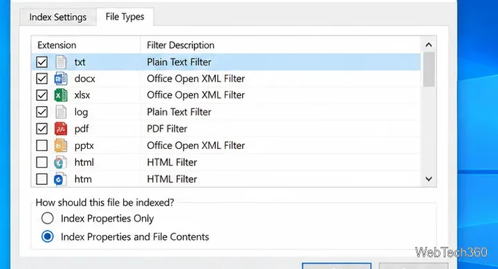 Windows 10 Advanced Indexing Options File Types tab with Index Properties and File Contents selected