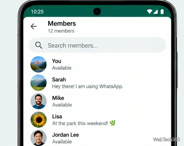 WhatsAppメンバーページで、グループ参加者リストの上に検索フィールドが表示されている。