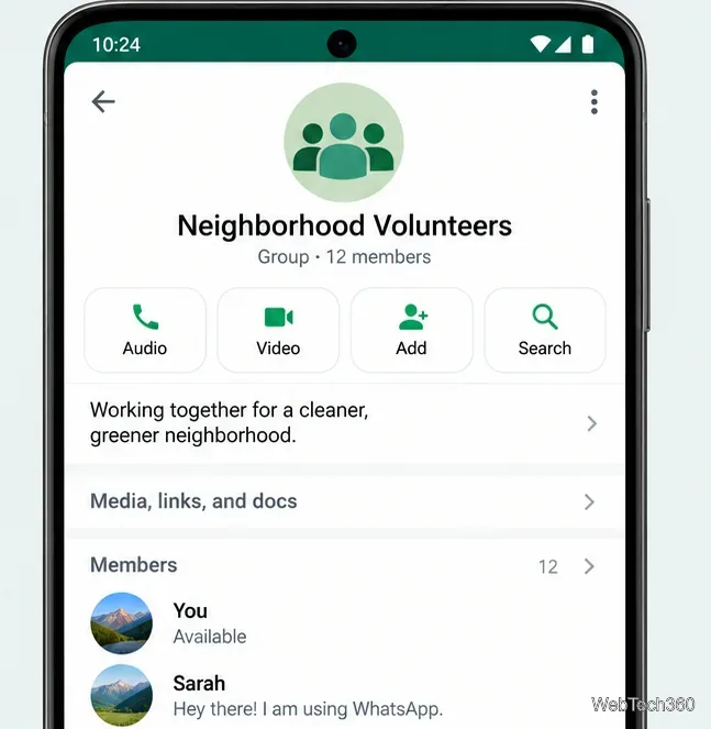 WhatsAppグループの情報ページには、メンバー数12名とメンバーセクションが表示されます。