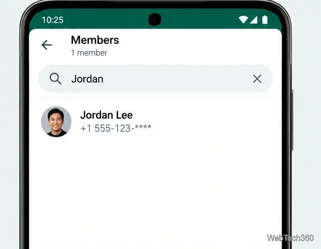 WhatsAppでヨルダンのメンバーを検索した結果、一致するグループ参加者が1人表示されました。