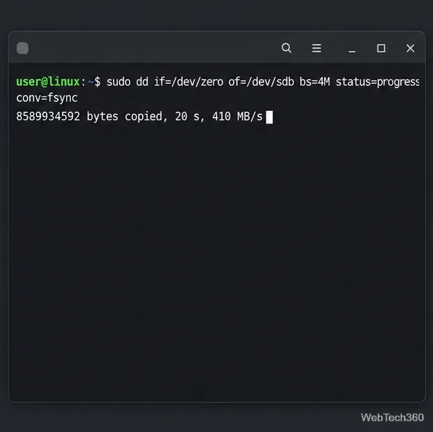 Terminal Linux executando o comando dd para escrever zeros no dispositivo USB verificado e exibir o progresso da sobrescrita.