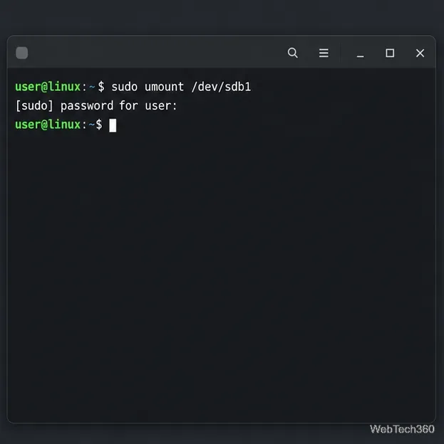 Terminal Linux desmontando a partição USB em /dev/sdb1 com o comando umount