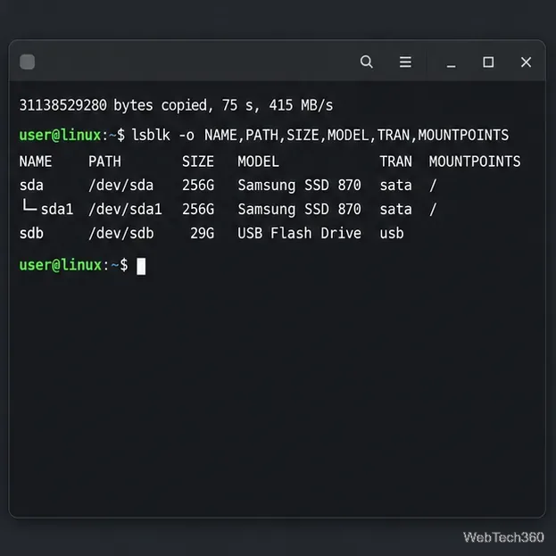 Terminal Linux mostrando a contagem de bytes do comando dd e a saída do comando lsblk com o disco USB, mas sem nenhuma partição restante.