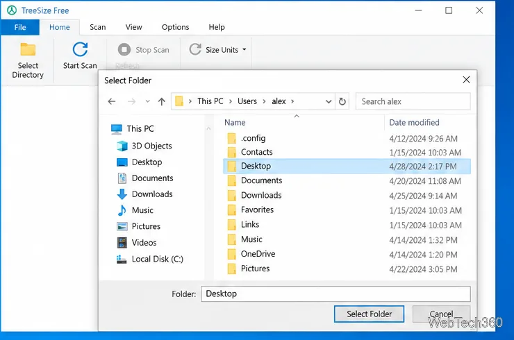 โปรแกรม TreeSize เวอร์ชันฟรี บน Windows 10 พร้อมหน้าต่างเลือกโฟลเดอร์ที่เปิดอยู่ เพื่อเลือกไดเร็กทอรีที่จะสแกน