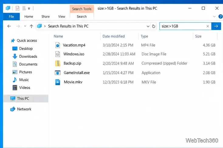 ผลการค้นหาไฟล์ใน File Explorer ของ Windows 10 สำหรับไฟล์ที่มีขนาดใหญ่กว่า 1 GB พร้อมชื่อไฟล์ ประเภท และขนาดไฟล์