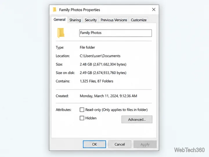 หน้าต่าง Properties ของโฟลเดอร์ใน Windows 10 บนแท็บ General แสดงขนาด ขนาดบนดิสก์ และจำนวนรายการ