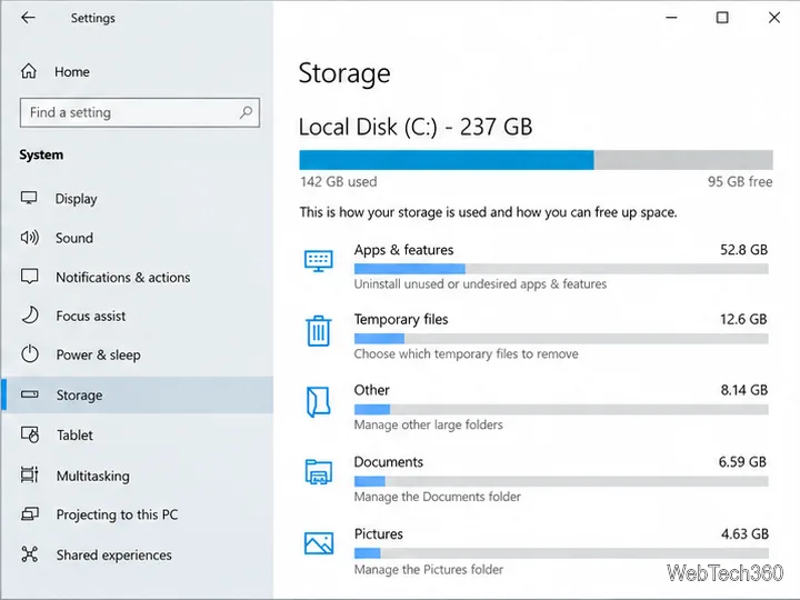 ภาพรวมพื้นที่จัดเก็บข้อมูลระบบใน Windows 10 พร้อมแถบแสดงการใช้งานไดรฟ์และแถวแบ่งตามหมวดหมู่