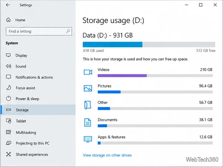 หน้าแสดงการใช้งานพื้นที่จัดเก็บข้อมูลของ Windows 10 สำหรับไดรฟ์ที่สอง พร้อมขนาดตามหมวดหมู่ และลิงก์ไปยังไดรฟ์อื่นๆ