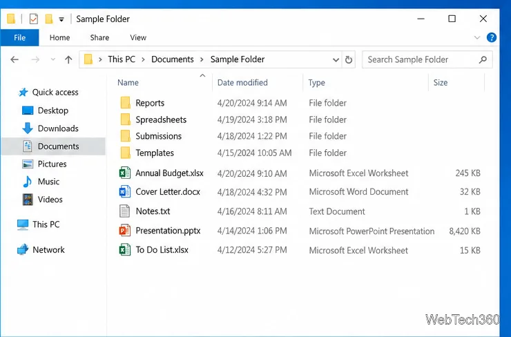 ภาพแสดงรายละเอียดใน File Explorer ของ Windows 10 โดยช่องขนาดสำหรับโฟลเดอร์ว่างเปล่า และแสดงขนาดไฟล์สำหรับเอกสาร