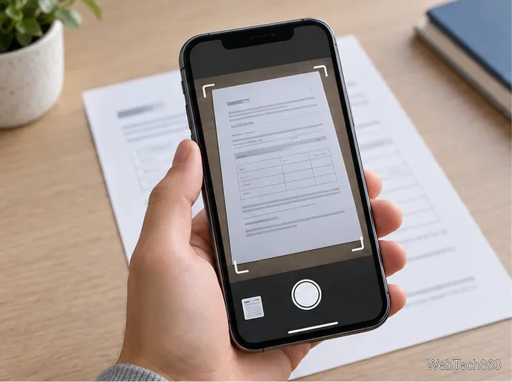 Камера iPhone подготавливает бумажный документ к сканированию, используя направляющие по углам страницы.