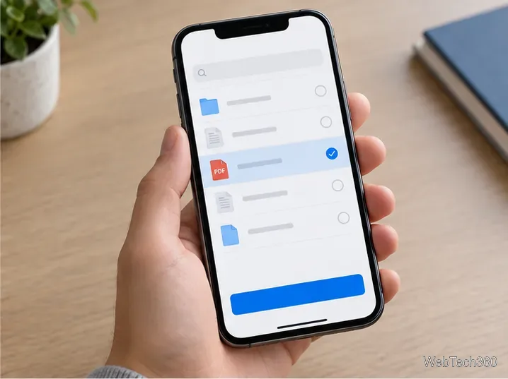Стандартная программа выбора файлов на iPhone отображает PDF-документ, выбранный для прикрепления к факсу.
