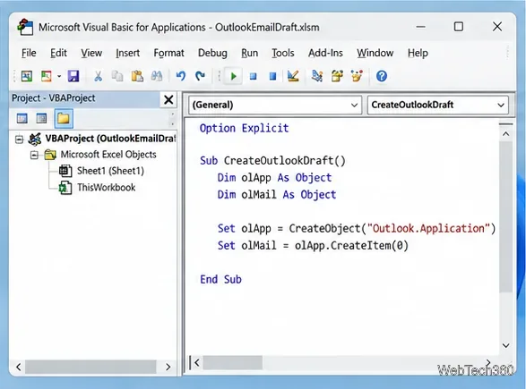 VBA-Modul, das den Beginn einer CreateOutlookDraft-Prozedur enthält.