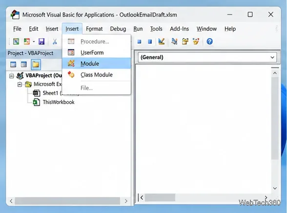 Visual Basic Editor: Menü „Einfügen“, wobei der Befehl „Modul“ hervorgehoben ist.