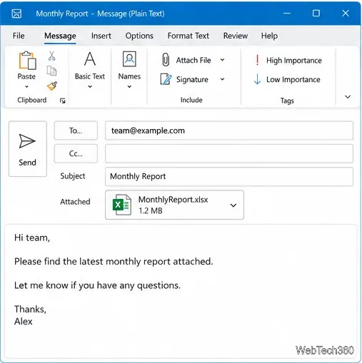 Klassischer Outlook-Entwurf mit Empfänger, Betreff und Arbeitsmappen-Anhang, bereit zur Überprüfung.