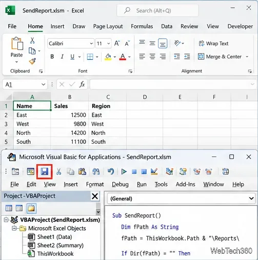 Excel- und VBA-Editorfenster mit Anzeige der gespeicherten .xlsm-Arbeitsmappe und des Speichern-Steuerelements.