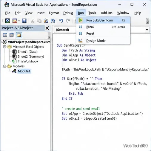 Das Ausführen-Menü des Visual Basic-Editors zeigt den F5-Befehl für das ausgewählte Makro an.