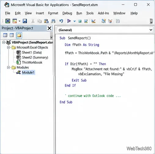 VBA-Code, der den Pfad eines Berichts-Anhangs prüft, bevor eine Outlook-Nachricht erstellt wird.