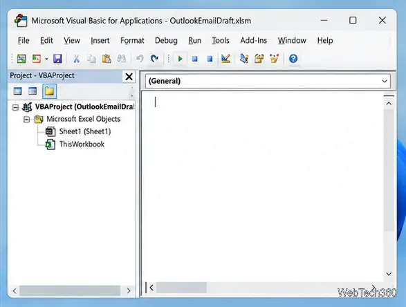 Visual Basic Editor mit Anzeige des Excel-Arbeitsmappenprojekts und eines leeren Codebereichs.
