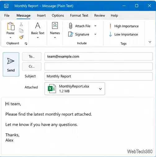 Outlook-Fenster zum Verfassen eines Entwurfs, in dem die Schaltfläche „Senden“ sichtbar ist und der Entwurf noch geöffnet ist.
