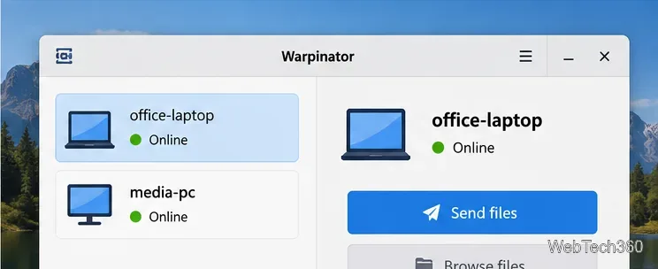 Visualizzazione del dispositivo Warpinator con un computer di destinazione selezionato e il pulsante Invia file evidenziato.