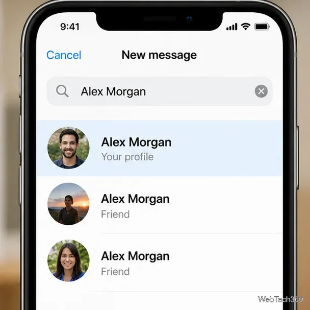 Messengerの新規メッセージ検索で、アレックス・モーガンが「あなたのプロフィール」として、同名の他の人よりも上位に表示されている。