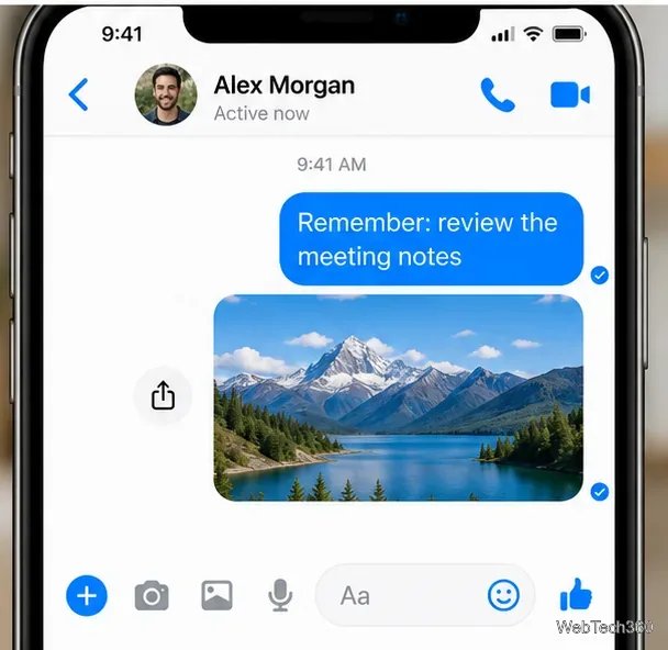 Messengerのセルフチャット画面に、会話中に送信されたリマインダーメッセージと山と湖の写真が表示されている。