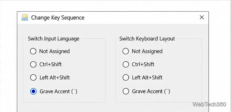 The Change Key Sequence dialog with the Switch Input Language choices Not Assigned, Ctrl+Shift, Left Alt+Shift, and Grave Accent.