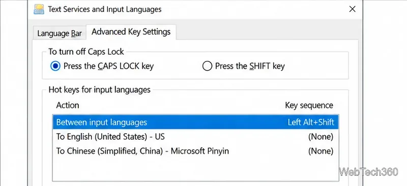 The Advanced Key Settings tab with Between input languages selected and its current Left Alt+Shift assignment shown.