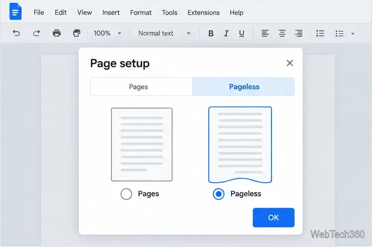 Cuadro de diálogo de configuración de página de Google Docs que muestra la opción Sin página seleccionada.