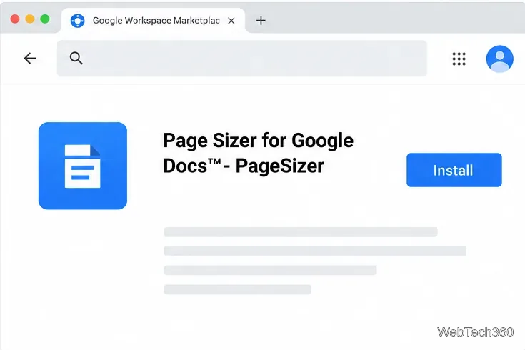 Ficha de Page Sizer para Google Docs en Google Workspace Marketplace con botón de instalación.