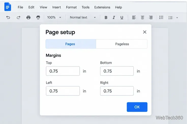 Cuadro de diálogo de configuración de página de Google Docs que muestra los campos de margen superior, inferior, izquierdo y derecho.
