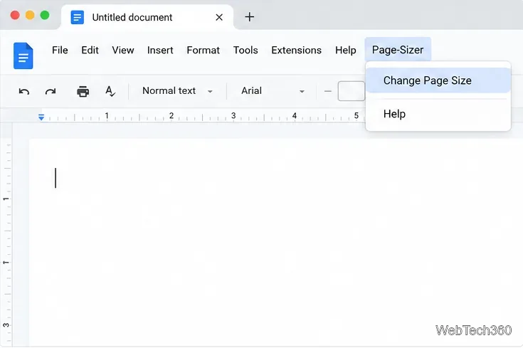 Barra de herramientas de Google Docs con el menú "Ajuste de tamaño de página" abierto y la opción "Cambiar tamaño de página" seleccionada.