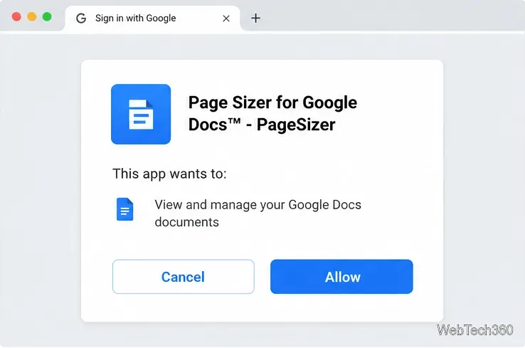 Cuadro de diálogo de autorización de Google para Page Sizer con una solicitud de acceso a Documentos y botones de Cancelar y Permitir.