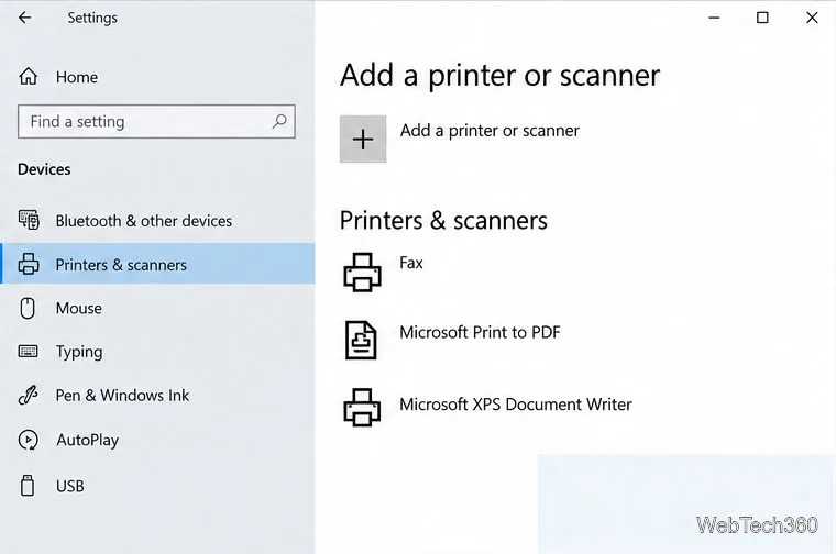 O controle "Adicionar uma impressora ou scanner" está localizado acima da lista de impressoras instaladas.