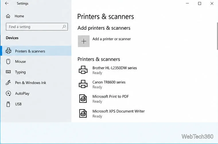 A página Impressoras e scanners do Windows 10 com a lista de impressoras instaladas.