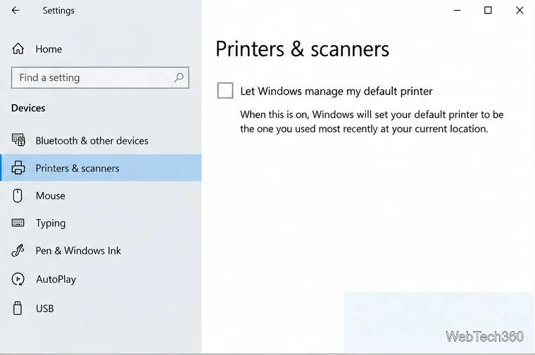 A caixa de seleção "Permitir que o Windows gerencie minha impressora padrão" está desmarcada.