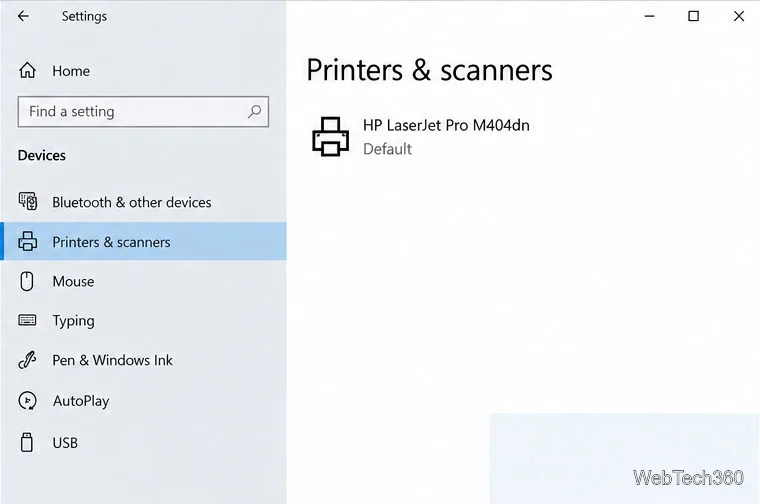 A lista de impressoras e scanners mostra uma impressora marcada como Padrão.
