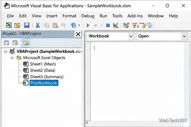 В редакторе Visual Basic отображается дерево проекта рабочей книги, и выбрана страница ThisWorkbook.