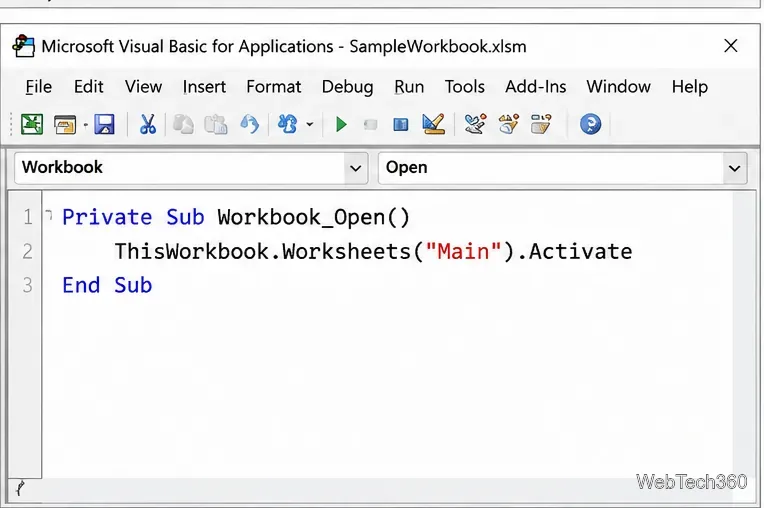 В коде VBA в ThisWorkbook используется функция Workbook_Open для активации листа Main.